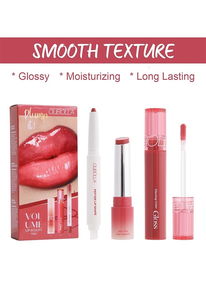 OLIBOLLA Volume Lip Sculpt Trio, 3PCS Lip Combo Set — Matte Lip Liner Pencil, Hydrating Tint Lipstick & Shine Gloss, Non-Sticky Long-Lasting Plumping Lip Makeup Kit for Women 01# - Image 4